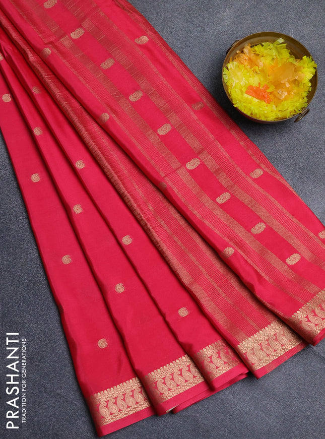 Semi mysore silk saree peach pink with allover paisley zari woven buttas and zari woven border