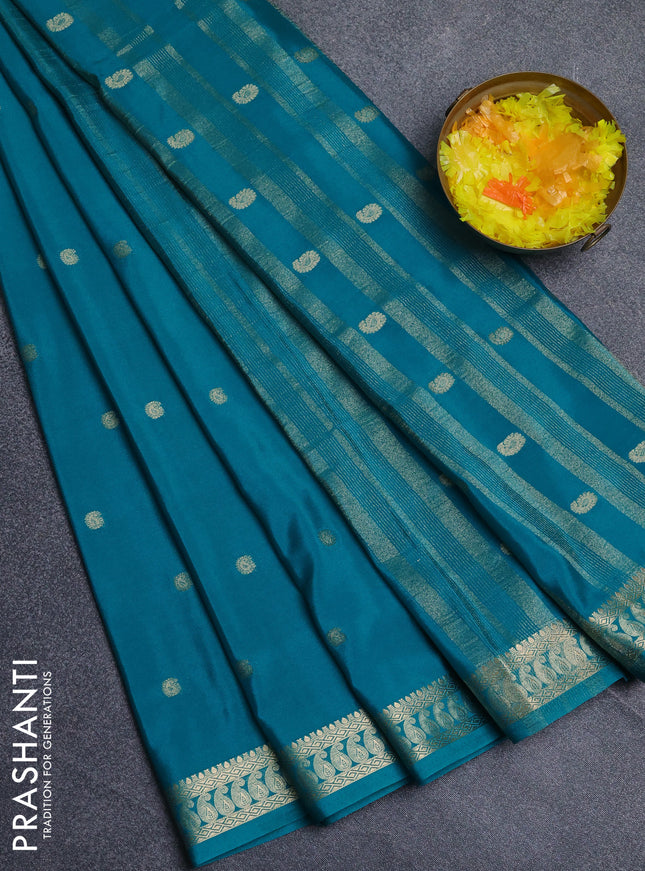Semi mysore silk saree teal green with allover paisley zari woven buttas and zari woven border