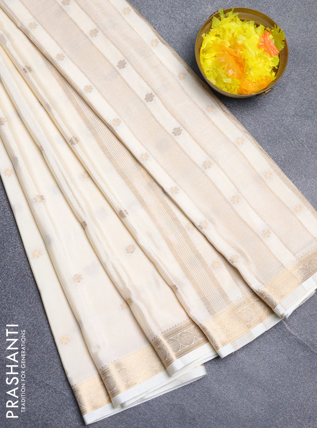 Semi mysore silk saree cream with allover zari woven buttas and zari woven border