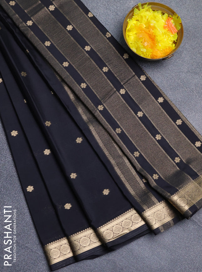 Semi mysore silk saree black with allover zari woven buttas and zari woven border