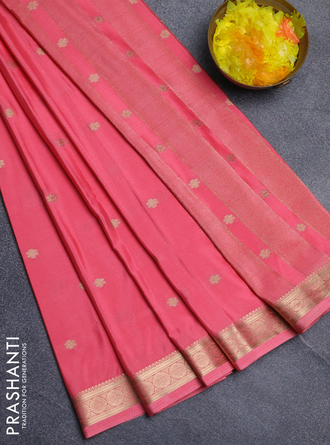 Semi mysore silk saree peach pink with allover zari woven buttas and zari woven border