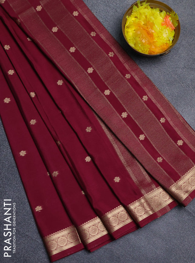 Semi mysore silk saree wine shade with allover zari woven buttas and zari woven border