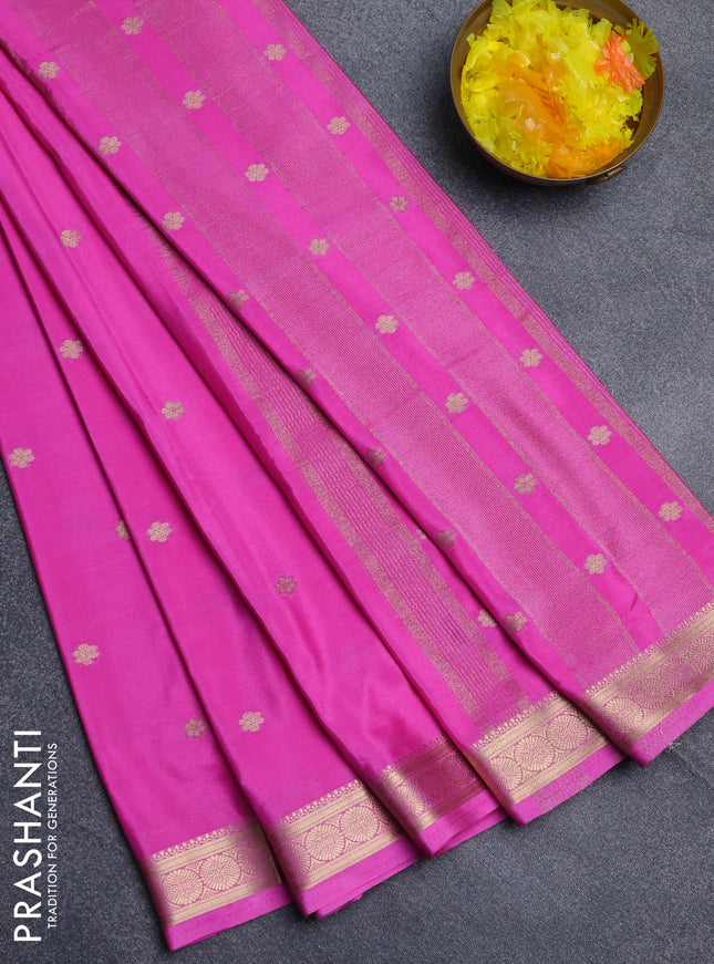 Semi mysore silk saree pink with allover zari woven buttas and zari woven border