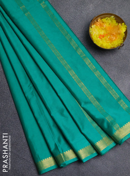 Semi mysore silk saree teal green with plain body and zari woven border