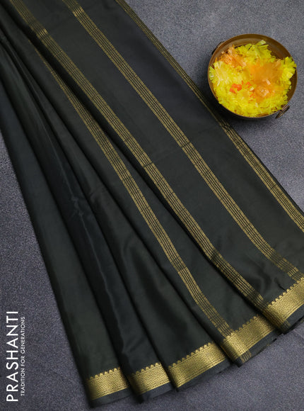 Semi mysore silk saree dark olive green with plain body and zari woven border