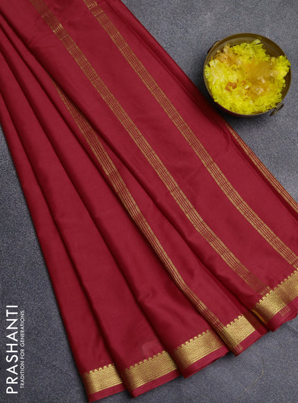 Semi mysore silk saree red with plain body and zari woven border