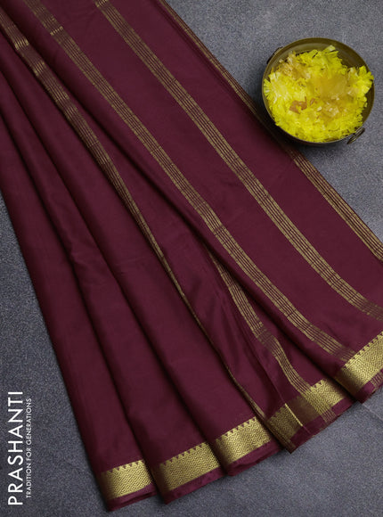 Semi mysore silk saree wine shade with plain body and zari woven border