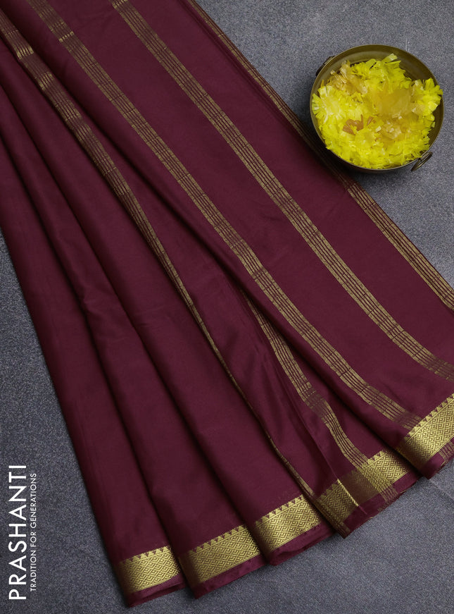 Semi mysore silk saree wine shade with plain body and zari woven border