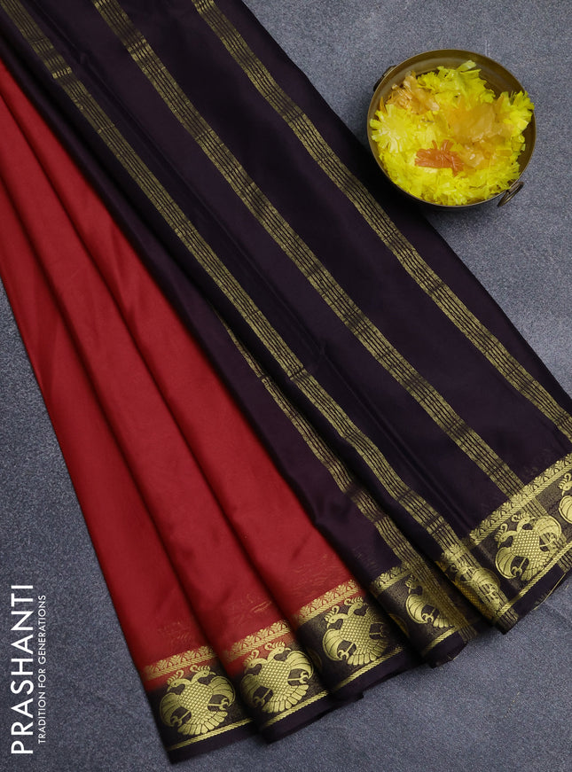 Semi mysore silk saree red and coffee brown with plain body and zari woven border