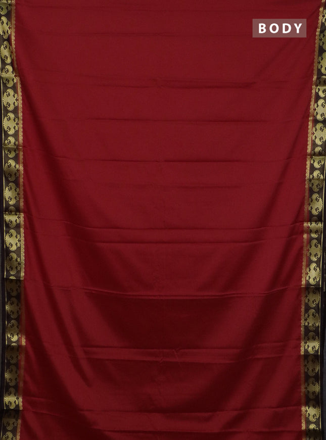 Semi mysore silk saree red and coffee brown with plain body and zari woven border