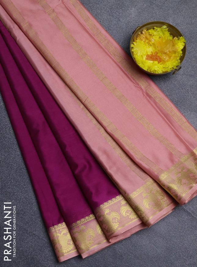 Semi mysore silk saree purple and peach shade with plain body and zari woven border