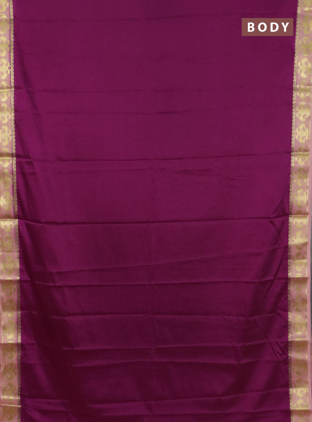 Semi mysore silk saree purple and peach shade with plain body and zari woven border