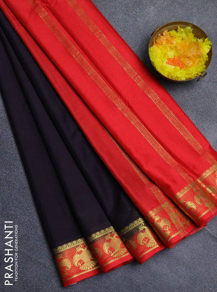 Semi mysore silk saree coffee brown and red with plain body and zari woven border