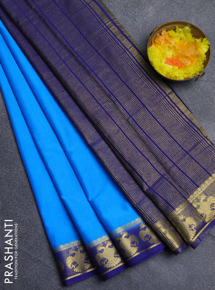 Semi mysore silk saree cs blue and navy blue with plain body and zari woven border