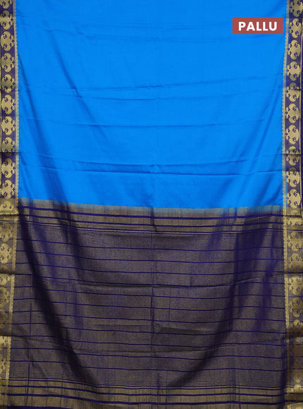 Semi mysore silk saree cs blue and navy blue with plain body and zari woven border