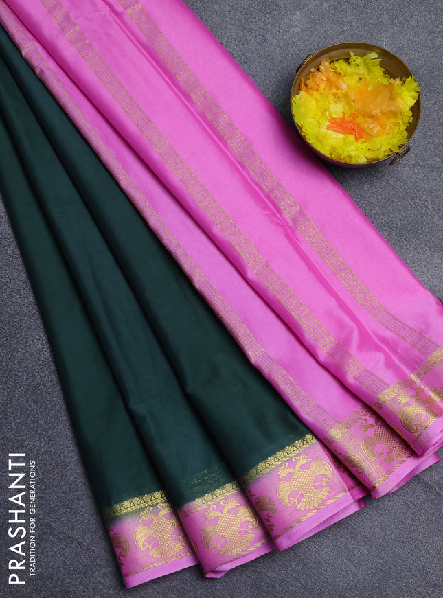 Semi mysore silk saree bottle green and lotus pink with plain body and zari woven border