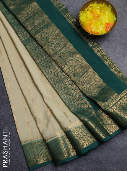 Semi mysore silk saree cream and green with allover zari weaves and zari woven border