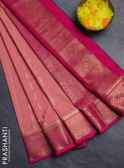 Semi mysore silk saree peach shade and dark pink with allover zari weaves and zari woven border