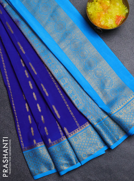 Semi mysore silk saree royl blue and cs blue with allover zari weaves and zari woven border