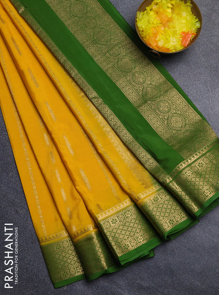 Semi mysore silk saree yellow and light green with allover zari weaves and zari woven border