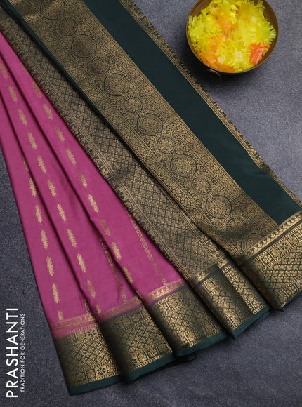 Semi mysore silk saree mauve pink and bottle green with allover zari weaves and zari woven border