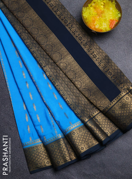 Semi mysore silk saree teal blue and dark peacok green with allover zari weaves and zari woven border