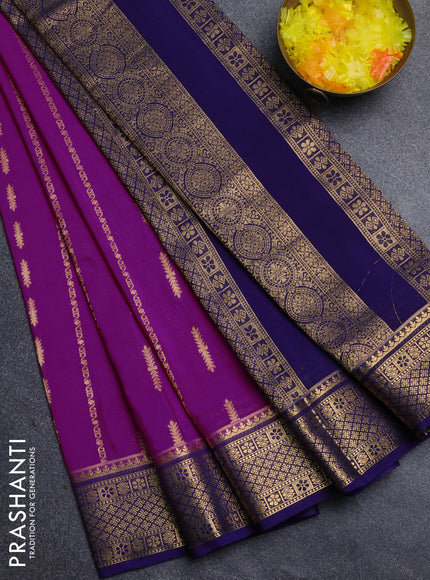 Semi mysore silk saree magrenta pink and violet with allover zari weaves and zari woven border