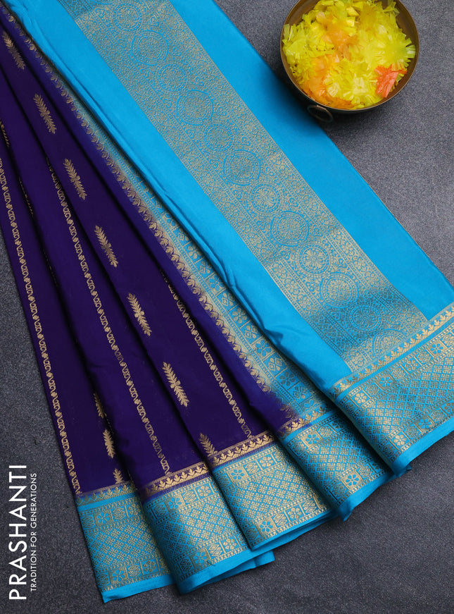 Semi mysore silk saree violet and cs blue with allover zari weaves and zari woven border