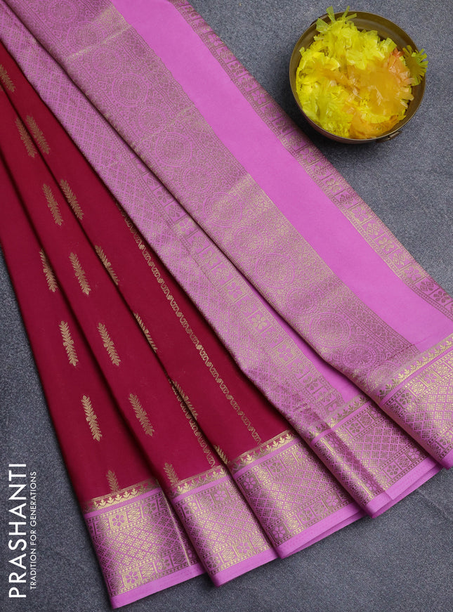 Semi mysore silk saree tomato pink and lotus pink with allover zari weaves and zari woven border