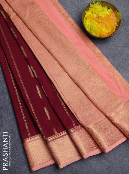 Semi mysore silk saree wine shade and peach shade with allover zari weaves and zari woven border