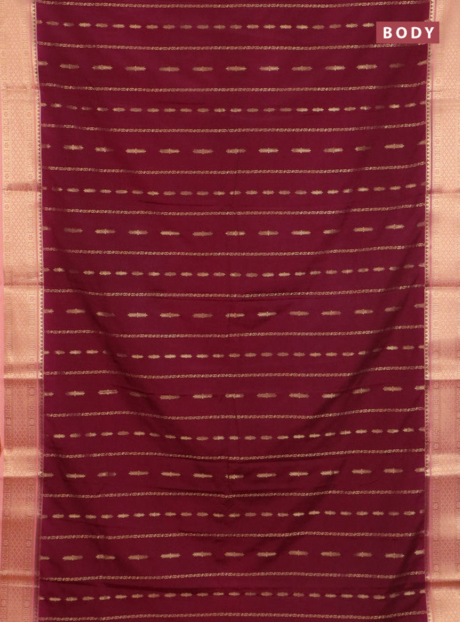 Semi mysore silk saree wine shade and peach shade with allover zari weaves and zari woven border