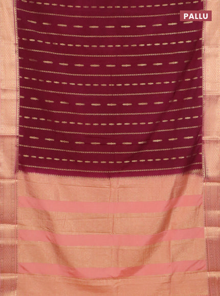 Semi mysore silk saree wine shade and peach shade with allover zari weaves and zari woven border