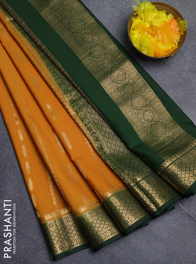 Semi mysore silk saree dark mustard and bottle green with allover zari weaves and zari woven border