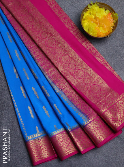 Semi mysore silk saree cs blue and pink with allover zari weaves and zari woven border