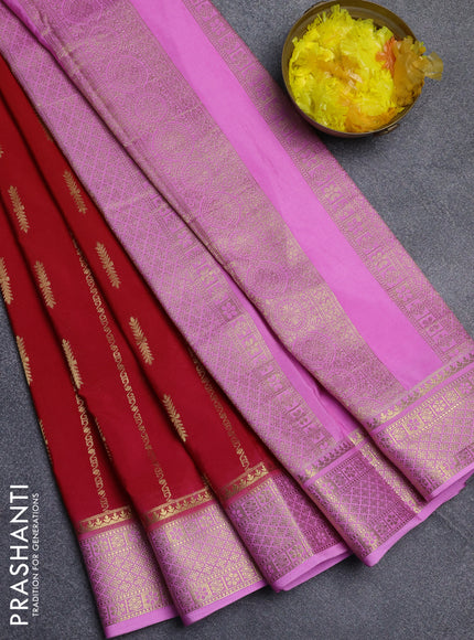 Semi mysore silk saree red and lotus pink with allover zari weaves and zari woven border