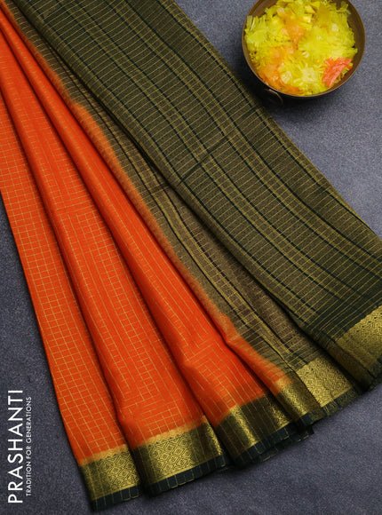 Semi mysore silk saree orange and bottle green with allover zari weaves and zari woven border