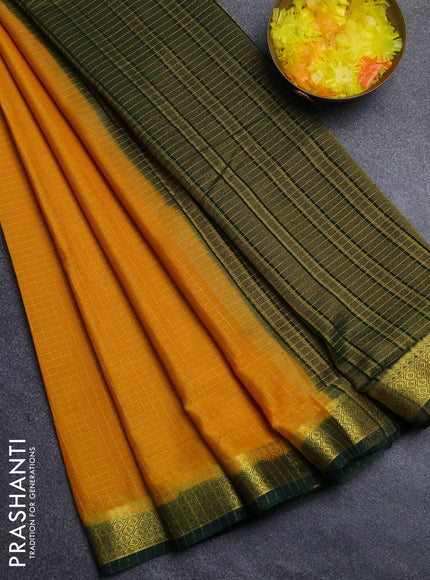Semi mysore silk saree mustard yellow and bottle green with allover zari weaves and zari woven border