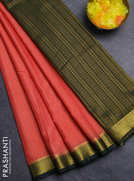 Semi mysore silk saree peach shade and bottle green with allover zari weaves and zari woven border