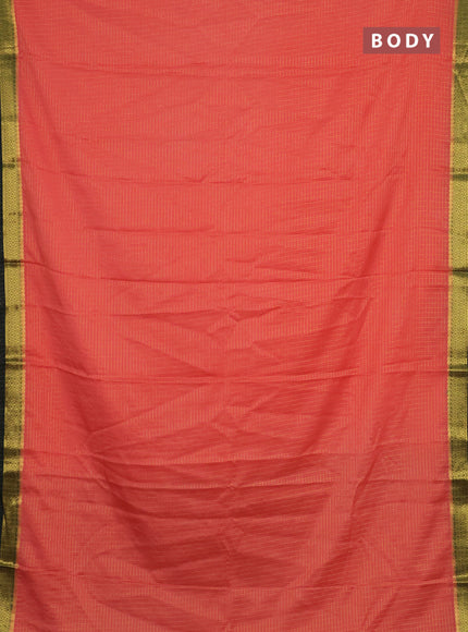 Semi mysore silk saree peach shade and bottle green with allover zari weaves and zari woven border