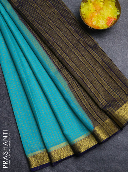 Semi mysore silk saree teal green and navy blue with allover zari weaves and zari woven border