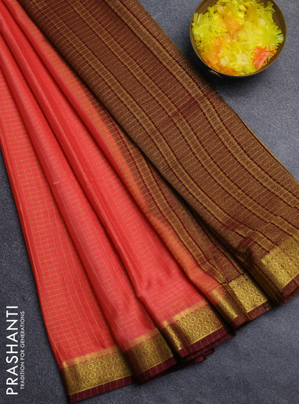 Semi mysore silk saree peach orange and wine shade with allover zari weaves and zari woven border