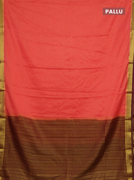 Semi mysore silk saree peach orange and wine shade with allover zari weaves and zari woven border