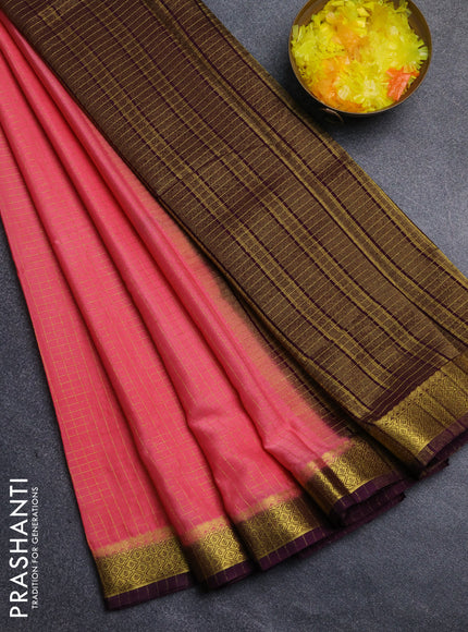 Semi mysore silk saree peach pink and wine shade with allover zari weaves and zari woven border