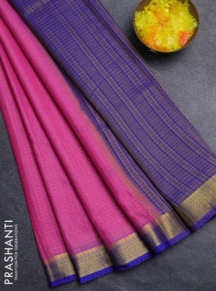 Semi mysore silk saree pink and royal blue with allover zari weaves and zari woven border