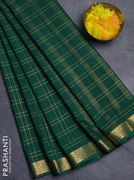 Semi mysore silk saree bottle green with allover checked pattern and zari woven border