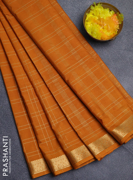 Semi mysore silk saree dark mustard with allover checked pattern and zari woven border