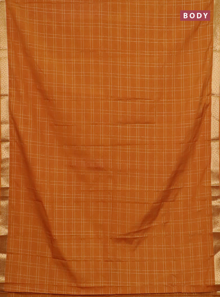 Semi mysore silk saree dark mustard with allover checked pattern and zari woven border