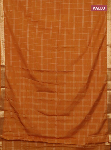 Semi mysore silk saree dark mustard with allover checked pattern and zari woven border