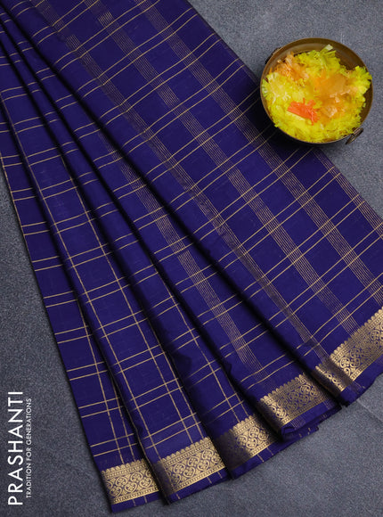 Semi mysore silk saree navy blue with allover checked pattern and zari woven border