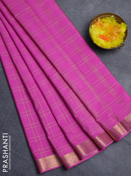 Semi mysore silk saree pink with allover checked pattern and zari woven border